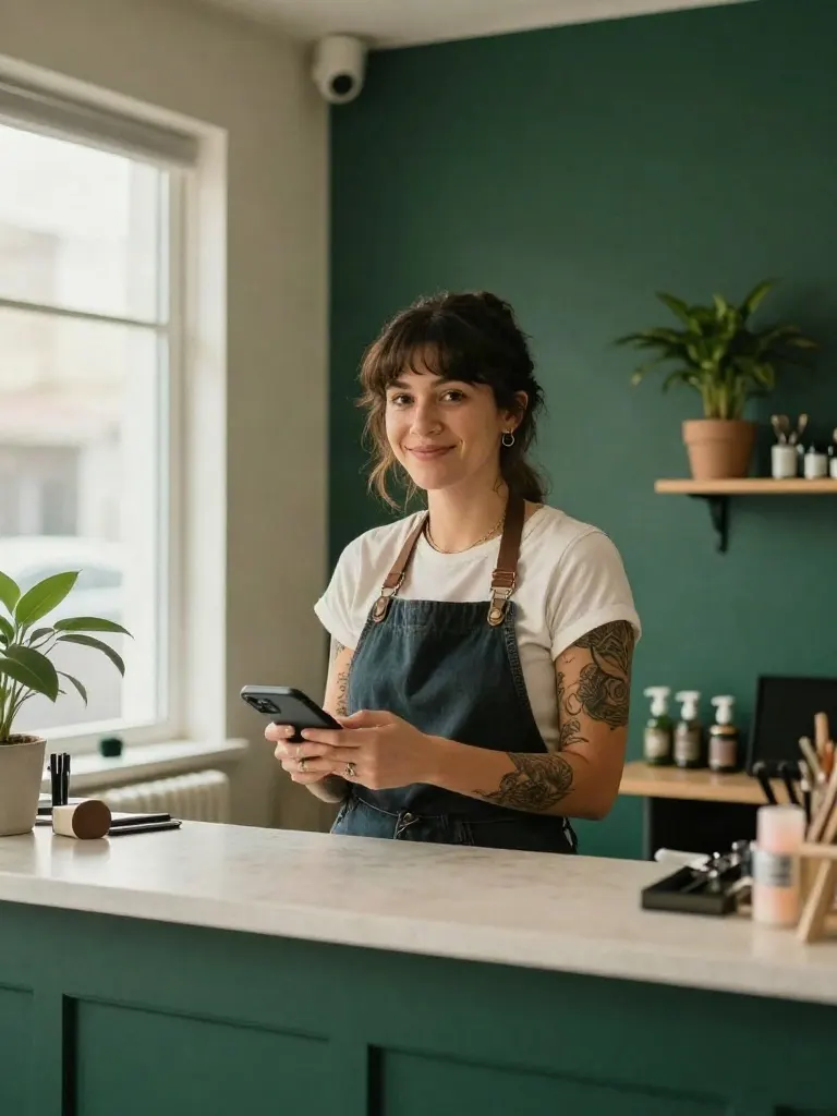 A studio owner at her reception desk checking bookings on her phone